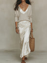 Womens Solid-Color V-Neck Knitted Sweater And Satin Dress Set